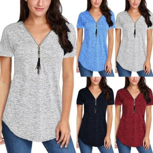Womens Zip V-Neck Short Sleeve T-shirt Summer Tunic Tops Casual Blouse Look thin