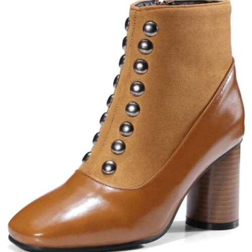 New Winter Womens Ankle Bootie Double Row Rivets High Heels botas femininas Patchwork Design Lady Shoes Women Booties WSH4146