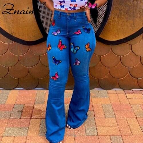 Znaiml Women Jeans High Waist Loose Flare Pants 2021 Butterfly Printed Zipper Casual Female Denim Long Trousers Mom Street Wear
