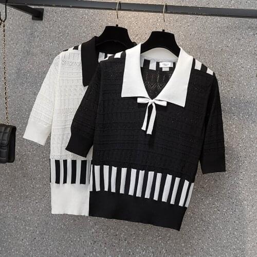 Vintage Sweet Multicolored Yarn Short Knit Sweater Women 2021 New Fashion V Neck Short Sleeve Ladies Pullovers Casual Pull Femme