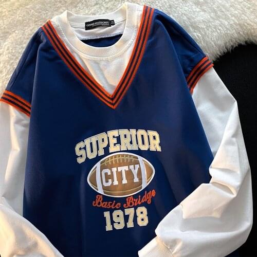 2021 New Harajuku Brand Vintage V-neck Baseball Letter Print Sweatshirts Women Long Sleeve Tops Plus Size Fashion Teens Clothes
