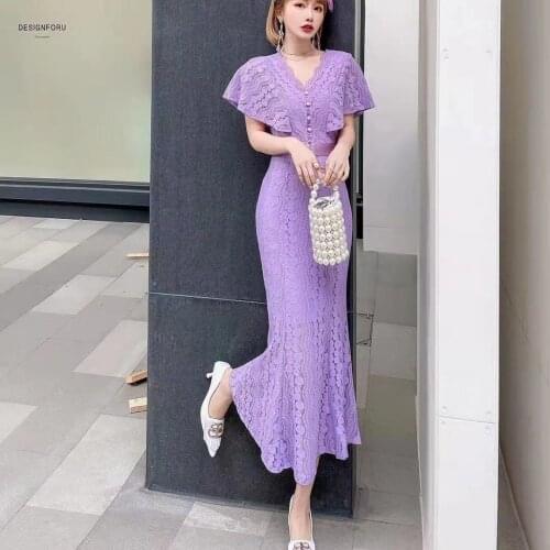 Women Lace Dress 2021 Spring And Summer New Long Temperament Goddess Fan Sexy Purple Black