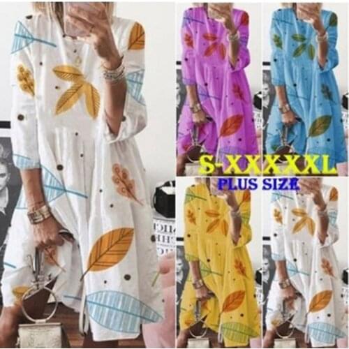 2021 Summer Fashion O Neck Boho Womens Dress Casual Loose Solid Three Quarters Matsuba Print Ladies Dresses Vestidos Plus Size