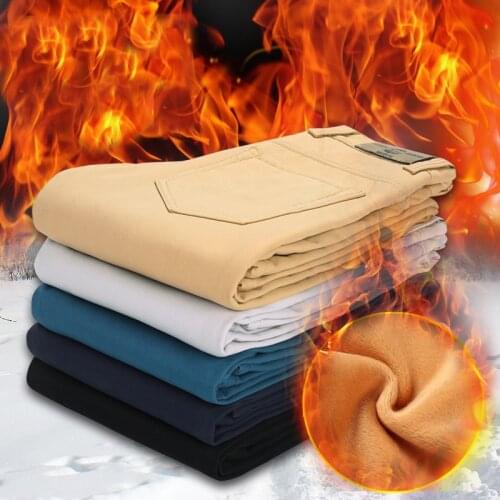 2020 Winter New Mens Warm Casual Pants Classic Style Fashion Thicken Slim Fit Fleece Trousers Black Blue Khaki Brand Clothes