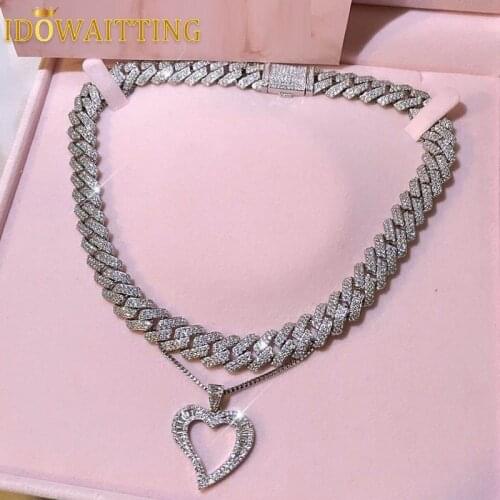 41+10CM Box Chain Micro Pave Baguette CZ Heart Shaped Pendant Iced Out Bling Jewelry Necklace For Women Valentines Day Gift