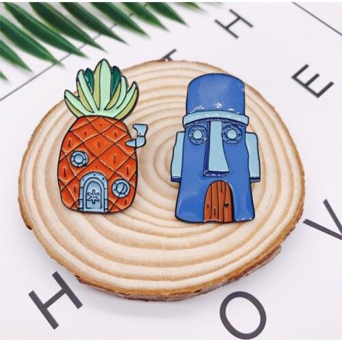Cartoon yellow fruit pineapple blue house enamel brooch alloy badge denim clothes bag brooch cute fun accessories jewelry gifts