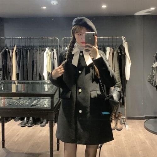 HOT winter Women Woollen overcoat Medium length bowknot Thickening Keep warm Black coat All-match Cotton Padded Baggy Fashion