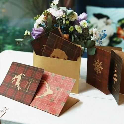 Kraft paper check Merry Christmas Card,New Year greeting card ,Christmas Gift Folding Cards 10pcs/lot