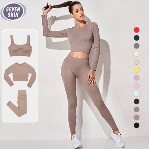 SEVEN SKIN Women Sportswear Seamless Yoga Set Workout Suit Gym Clothes Long Sleeve Crop Top Fitness Leggings Sport Bra Tracksuit