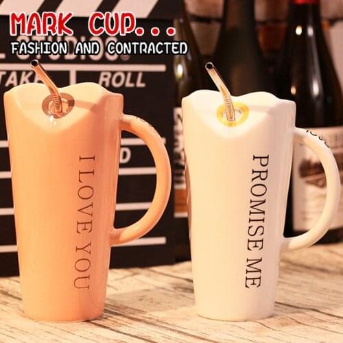 Creative Water Cup Large Capacity with Spoon Straw Ceramic Ins Mug Simple Couple Student Cup Pair