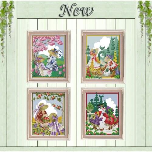 Four seasons girls fruits cartoon paintings Counted printed on fabric Cross Stitch Needlework kits DMC 14CT 11CT Embroidery Sets
