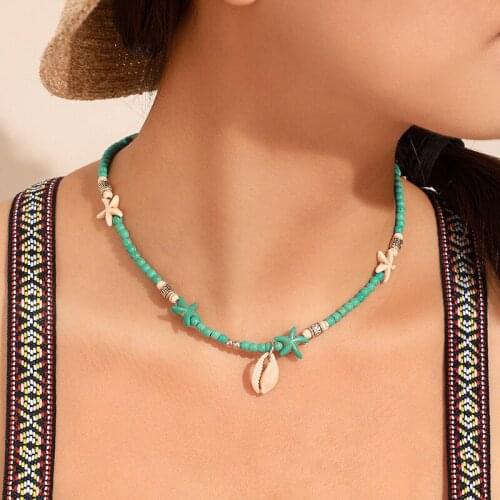 2020 Bohemia Necklace Fashion Beach Wind Shell Starfish String Blue Bead Single Layer Necklace for Women Pendant Necklace