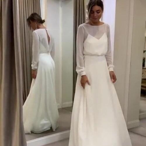 2021 A -Line Simple Long Sleeves Wedding Dress Open Back Modest Plus Size Custom Made Chiffon Bridal Gowns
