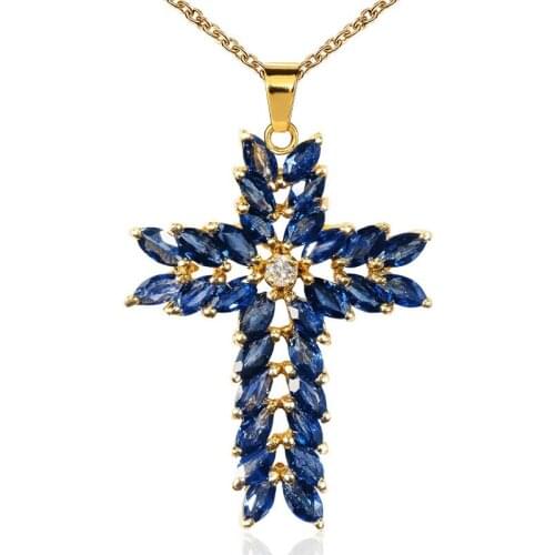 Luxury Blue Gems Crystal Cross Necklace Gold Plated Inlay Zircon Party Womens Necklace Wedding Jewelry Xmas Lovers Gifts
