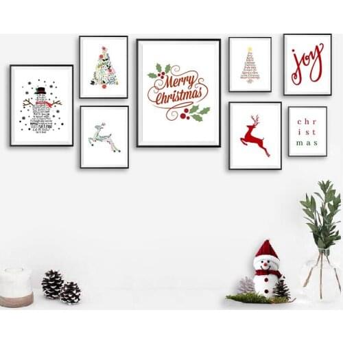 Merry Christmas Joy Quotes Posters and Prints Moose Christmas Tree Watercolor Art Canvas Painting Pictures Christmas Decoration