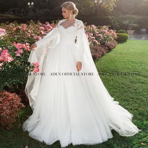 ADLN Two Pieces Wedding Dresses Sweetheart Neckline Tulle A-line Bridal Gown with Cape Shawl Long Sleeves Bride Dress
