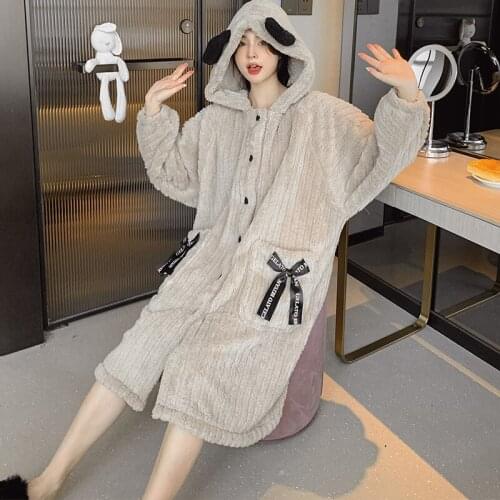 Warm Pajamas for Women Autumn Kawaii Robe Female Girls Sleepwear Winter Hoodie Bathrobes Solid Homewear Velvet Touching Soft