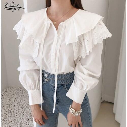 Vintage Casual Elegant Tops Chic Embroidered Hollow Double-layered Doll Bow Tie Sweet Shirt Solid Long Sleeve Women Shirts 12718