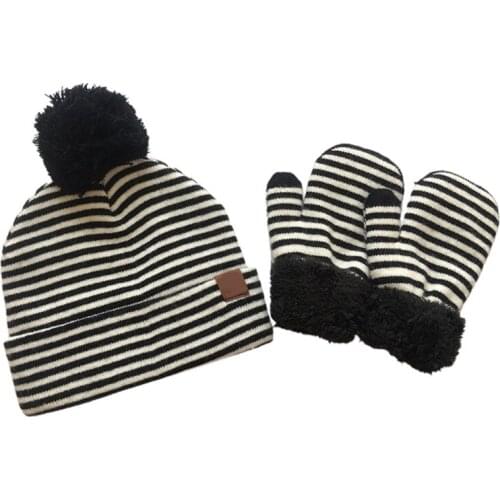 High Quality 2pcs Infant Baby Striped Soft Wool Beanie Hat Gloves Mittens Set Fake Ball Pom Pom Cap Warm Winter Beanies