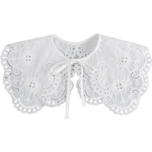 Women Girls White Detachable Doll Fake Collar Shawl Wrap Hollow Out Floral Cross Embroidery Necklace Mini Cape Decorative Dickey
