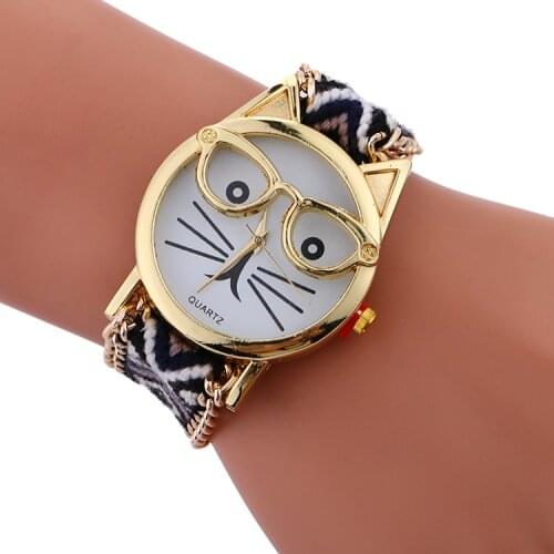 Wholesale New Hot Fashion Colorful Cat Glasses Braided Color Rope Watch Ladies Wrap Around Dress Watch Women Quartz Wristwatch
