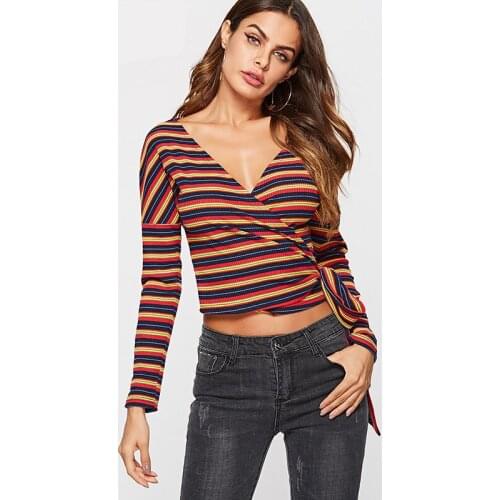Womens Crop Tops t-shirt Striped Long Sleeve Sexy Tie Up Crop Top V-neck Woman tshirt Short Top T Shirt Femme Tee Shirt Oversize