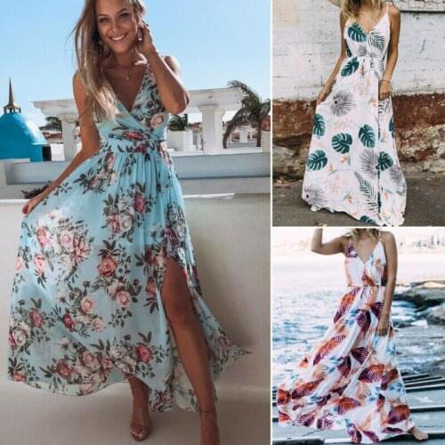 Women Boho Floral V-neck Maxi Dress Beach Holiday Party Casual Summer Sundress