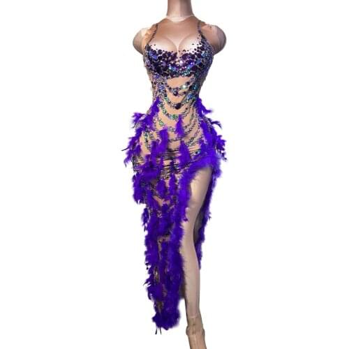 Sexy Nightclub Purple Rhinestones Feather Dress Women Sleeveless Evening Party Birthday Dress Singer Stage Performance Costume