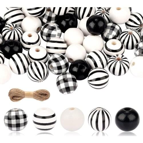 150Pcs Wooden Beads Buffalo Plaid Black White Stripe Wood Spacer Beads With Jute Twine For DIY Craft Garland Making