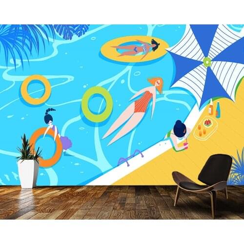 Papel de parede Girl playing in the pool in summer cartoon 3d wallpaper mural,living room childrens bedroom home decoration