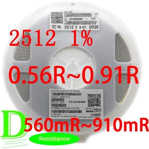 50PCS SMD Low Resistance Resistor 2512 1% RL2512FK-07 1W Series 0.56R 0.62R 0.68R 0.75R 0.82R 0.91R