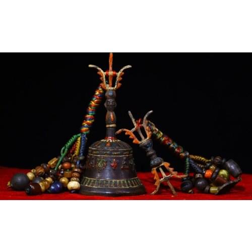 8"Tibet Temple Collection Old Bronze Engraved Tracing Old rattle Pendant amulet Mahakala head statue Bells Vajra set Town House