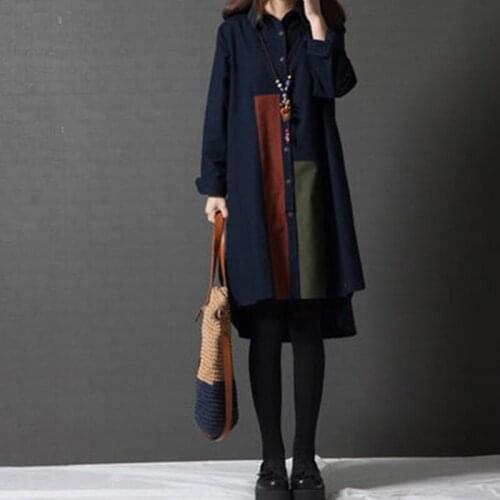 Oversized Long Women Shirts Turn-Down Collar Straight Cotton Linen Patchwork Female Outwear Tops