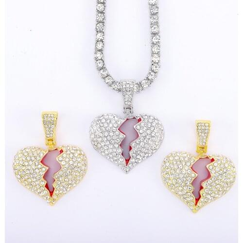 Hip Hop Iced Out Full Rhinestone Rope Chain Heart Breaking Pendant & Necklace For Men Jewelry Necklaces Jewellery Gift Women