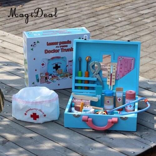 30PCS Wooden Medical Kits Box Tools Tablets Carry Case Doctor Nurse Pretend Role Playing Set Kids Educational Toy