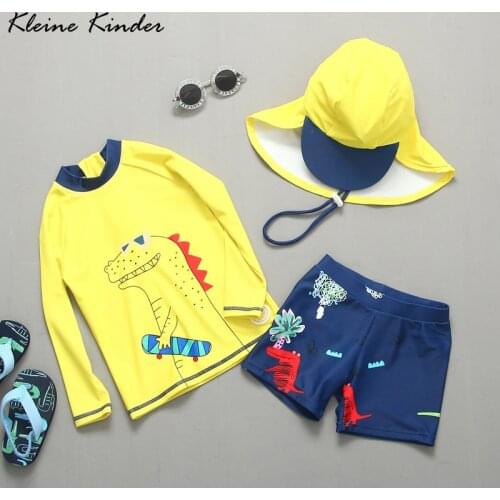 Children Swimming Suit Dinosaur Print Boys Swimwear with Long Sleeves Yellow UPF50+ UV Swimsuit Boy Bathing Suit for Kids 2-11T