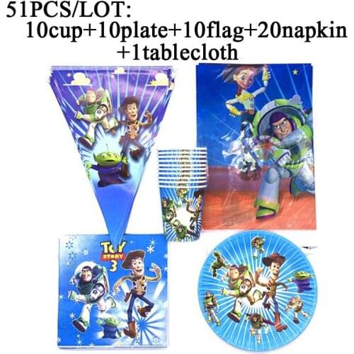 Disney Toy Story Theme Party Supplies Set For Kids Birthday Party Decor Disposable Tableware Set 51PCS Paper Flags Cups Plates