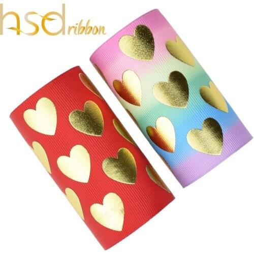 HSDRibbon 75MM 3 inch custom Love Heart gold Foil Printed on HT and Solid Grosgrain Ribbon