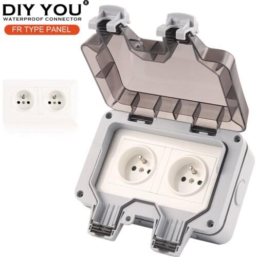 IP66 FR France Standard Waterproof Outdoor Wall Power Double Socket Switch For Home Garden 16A Plug Outlet Grounded 250V
