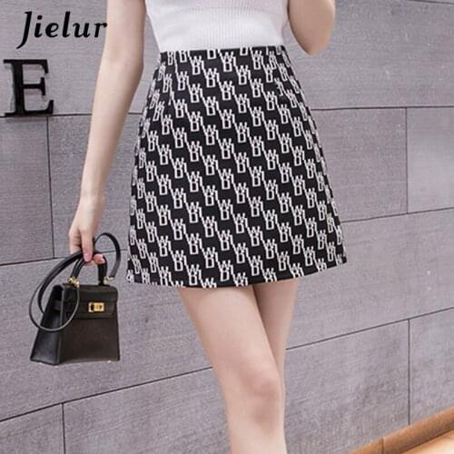 Jielur 2021 New High Waist Letter Print Bodycon Skirts A-line Casual Black Mini Skirt Summer Zipper Womens Skirts Grey S-XL