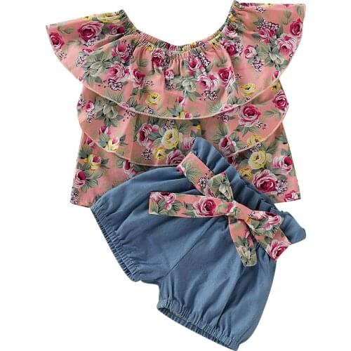 Toddler Kids Baby Girls Outfits Clothes Floral Print Ruffle T-Shirt Tops+Shorts Pants Set