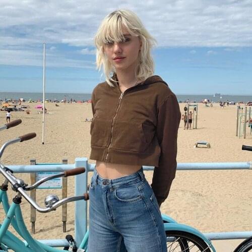 Korean Casual Brown Y2k Hoodie Girls Women EE Fashion Cropped Tops Clothes Harajuku Long Sleeve Zip Up Kawaii Pink Sweatshirt