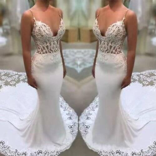 Beautiful Cheap China Long custom made white lace crepe mermaid Wedding Dresses Bridal Gowns with lace train vestido de noiva