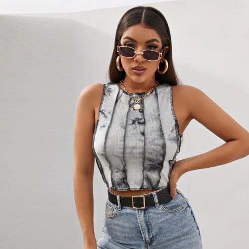 Contrast Stitch Trim Crop Patchwork Slim Fit Casual Tank Top