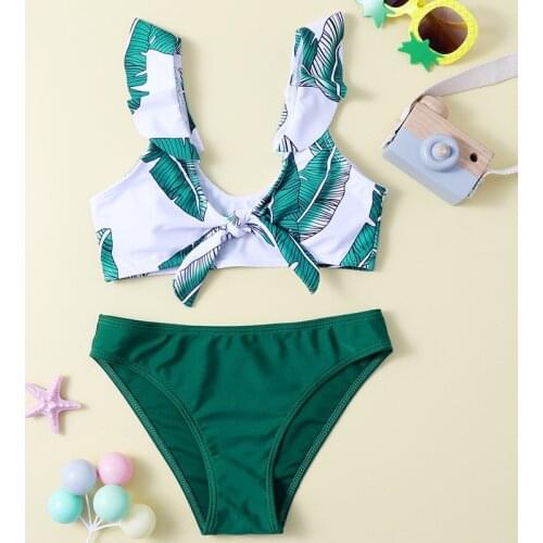 7~14Years Children Swimwear Leaf Print Ruffle Bikini Set Teen Girls Two-piece Swimsuit Pool Swim Suit Kids Beach Wear