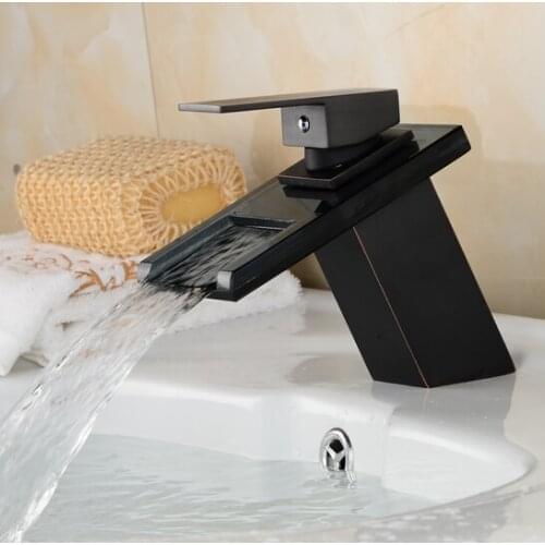 Oil rubbed Bronze Waterfall Modern Bathroom Sink Faucet Volvey Black waterfall basin mixer black glass water sink tap