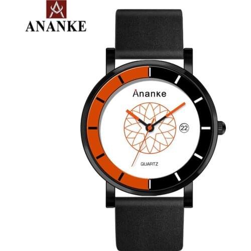ANANKE Waterproof Black Leather Watch Mens Quartz Wristwatches with Date Creative Analog Dial Clock Relogio Masculino AN03
