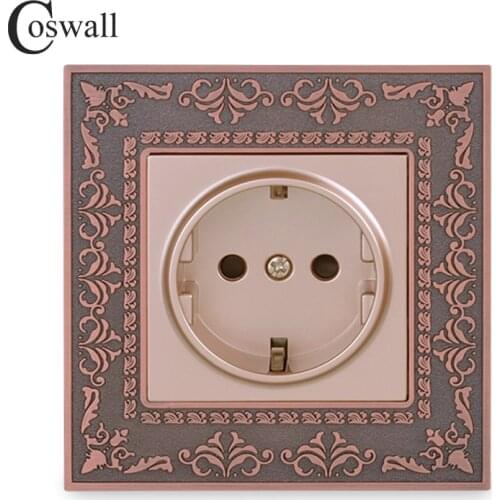 Coswall 16A EU Standard Power Socket 4D Embossing Retro Zinc Alloy Panel Wall Power Socket AC 110~250V