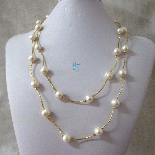 Natural 48" 10-12mm White Freshwater Pearl Gold Tube Necklace