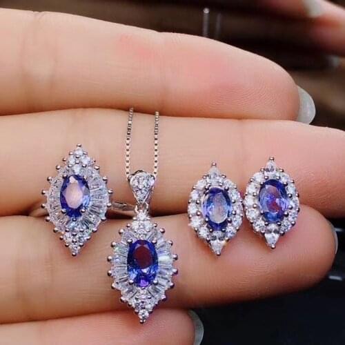 New Fashion Natural Tanzanite Set 925 Sterling Silver 1 tanzanite pendant, 1 tanzanite ring, 2 tanzanite earrings